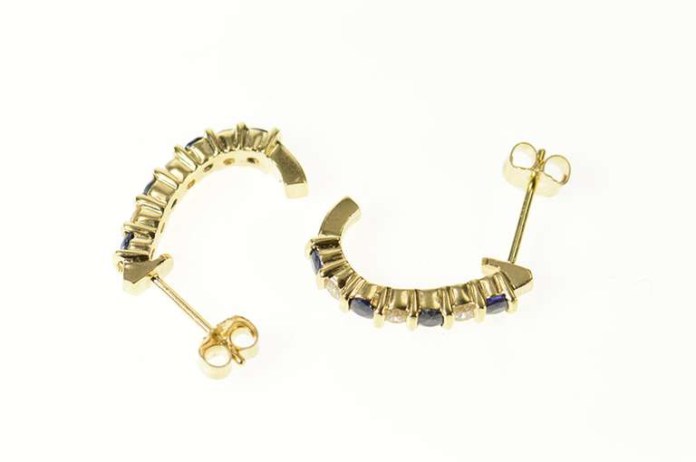 14K Yellow Gold Sapphire Diamond Curved Semi Hoop Bar Earrings