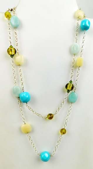 Long Sterling Gemstone & Art Glass Necklace