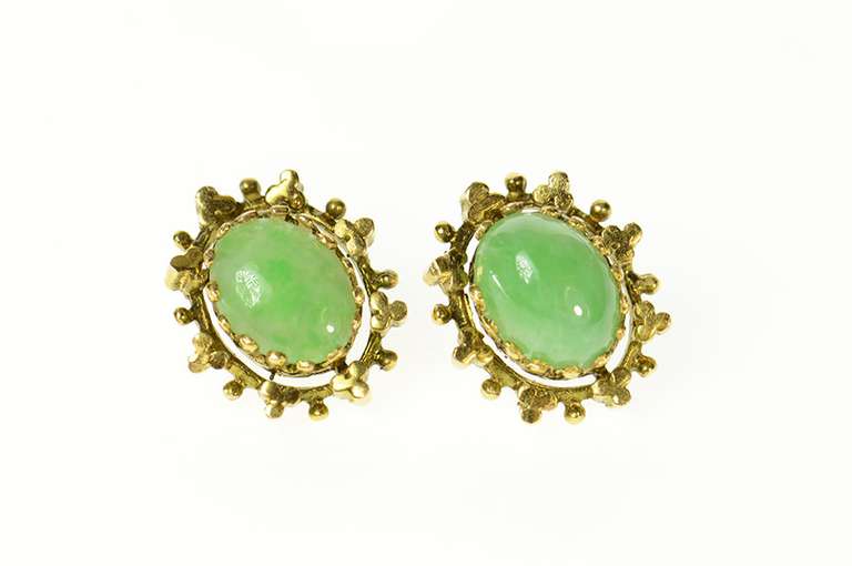14K Yellow Gold Victorian Ornate Oval Jade Cabochon Stud Earrings