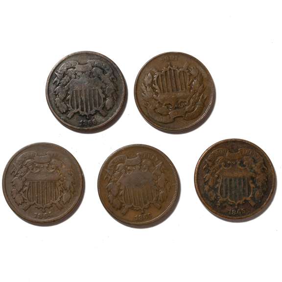5 Assorted 1864 -66  2 Cent Pieces