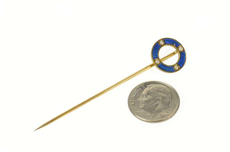 14K Yellow Gold Victorian Blue Enamel Seed Pearl Circle Stick Pin
