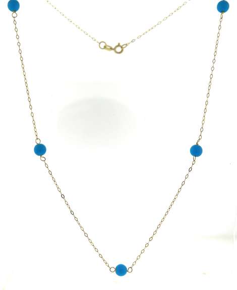 Nice Yellow Gold Blue Bead Station Necklace