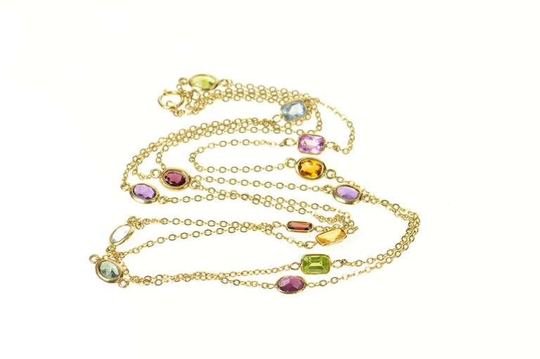 14K Yellow Gold By the Yard Garnet Topaz Amethyst Chain Necklace