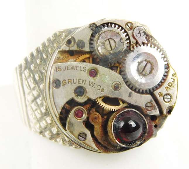 Heavy Sterling Ring with Watch Movement, 10.75