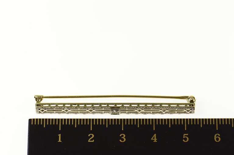 14K Yellow Gold Art Deco Diamond Ornate Filigree Bar Pin/Brooch
