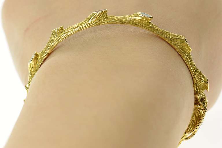 18K Yellow Gold Tree Branch Nature Motif Enamel Bangle Bracelet