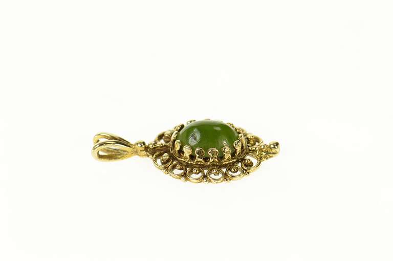 14K Yellow Gold Retro Oval Ornate Nephrite Statement Charm/Pendant