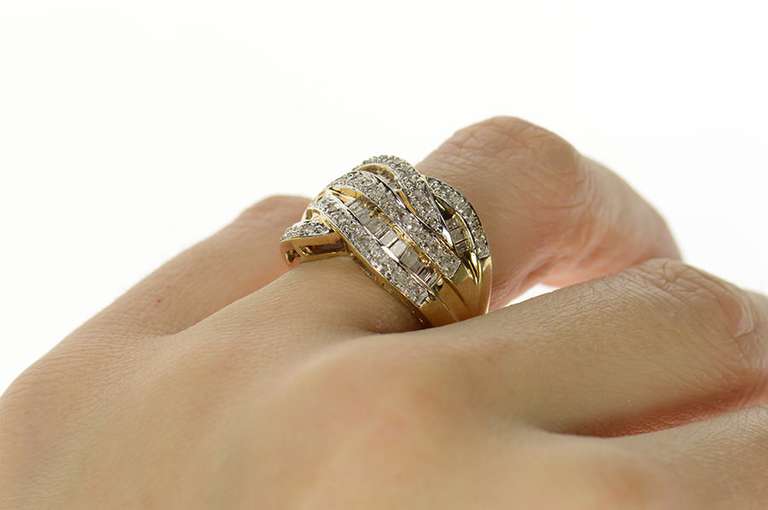 10K Yellow Gold Wavy Criss Cross Tiered Diamond Statement Ring
