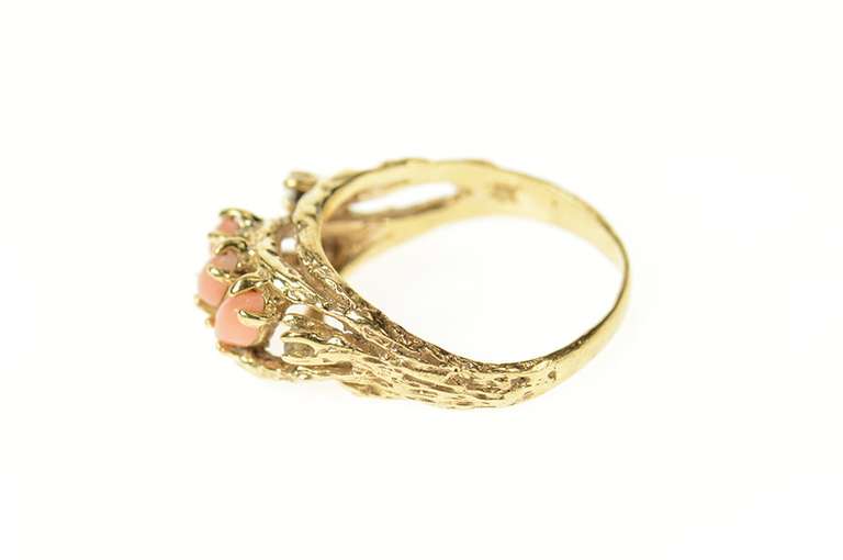 14K Yellow Gold 1960's Retro Coral Diamond Tree Branch Ring