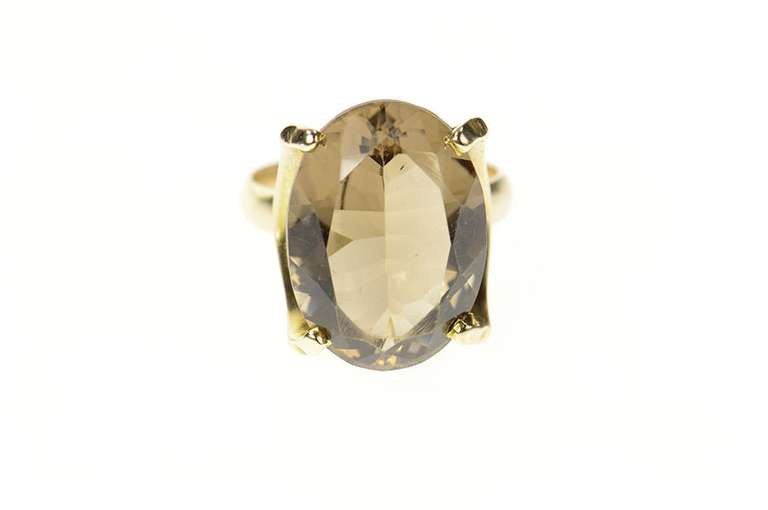 10K Yellow Gold Retro Oval Smoky Quartz Cocktail Statement Ring