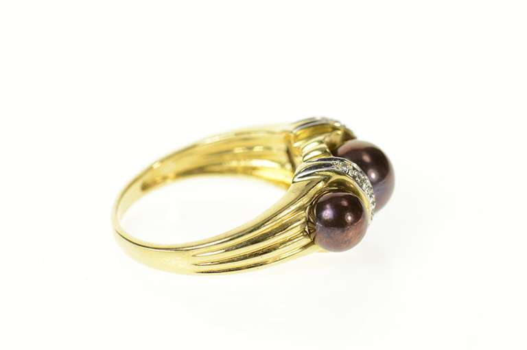 14K Yellow Gold Three Stone Burgundy Pearl Diamond Statement Ring