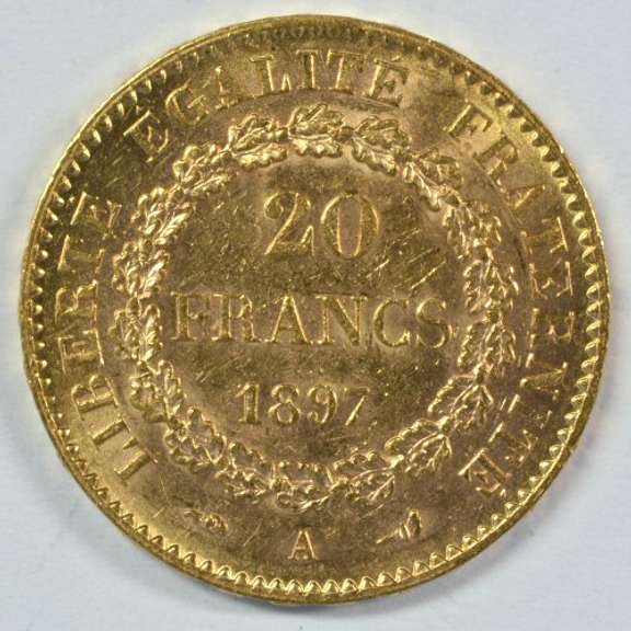 Lustrous 1897-A France 20 Francs Gold 'Angel' coin - US Auction Online