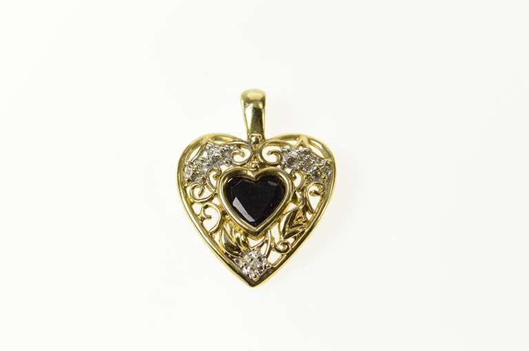 10K Yellow Gold Heart Sapphire Diamond Accent Filigree Pendant