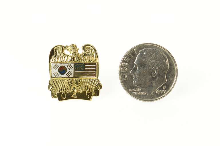 14K Yellow Gold Enamel Korean War Eagle Flag Lapel Pin/Brooch