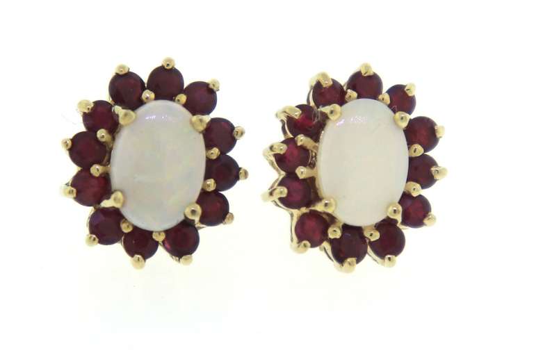 Wonderful Yellow Gold Opal and Ruby Earrings