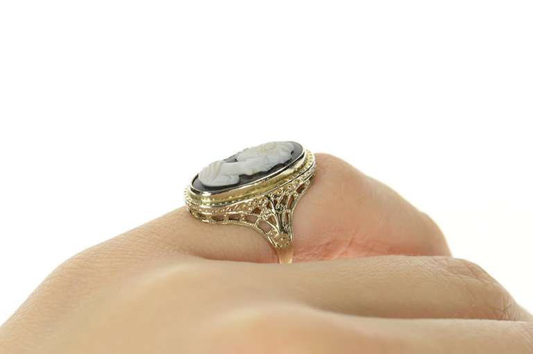 14K White Gold Art Deco Ornate Filigree Carved Onyx Cameo Ring