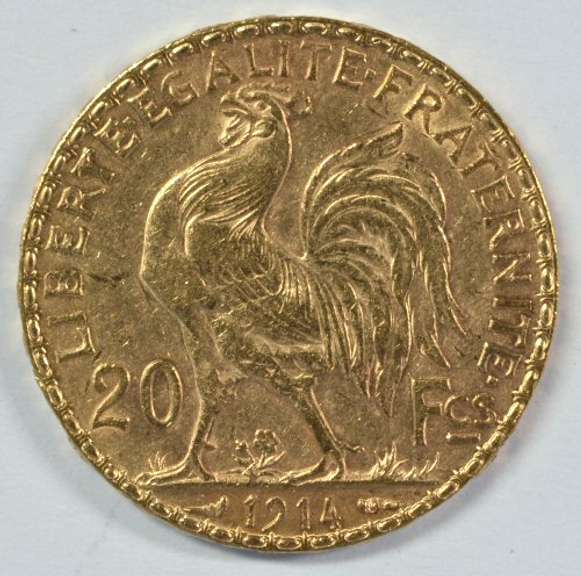 Lovely BU 1914 France 20 Francs Gold 'Rooster' coin - U.S. Auction Brokers