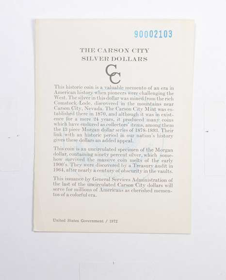 Carson City GSA 1890 Morgan Silver Dollar COA Card