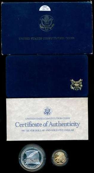 1987 Gem Proof Constitution 2-coin set with $5 Gold COA