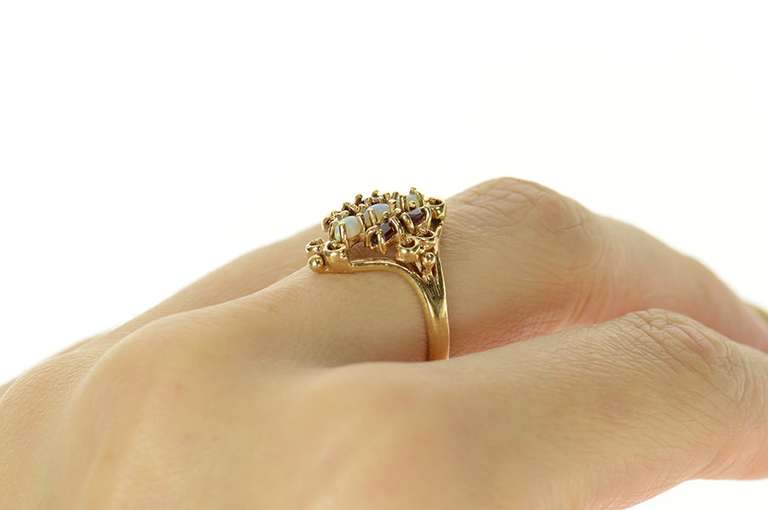10K Yellow Gold Ornate Garnet Natural Opal Swirl Statement Ring