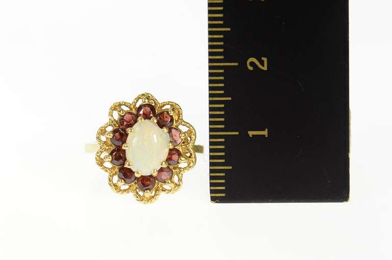 14K Yellow Gold Oval Opal Garnet Halo Statement Cocktail Ring