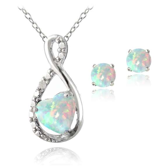 Sterling Silver Created Opal & Diamond Accent Infinity Heart Pendant and Stud Earrings Set