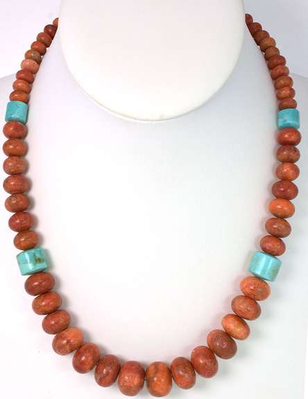 Commanding Turquoise & Coral Necklace with Sterling Clasp