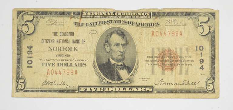 1929 $5 Norfolk, Virginia United States National Currency