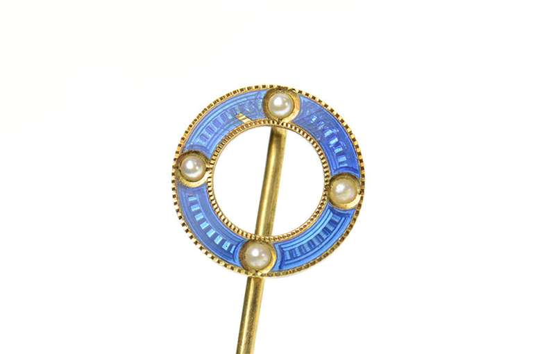 14K Yellow Gold Victorian Blue Enamel Seed Pearl Circle Stick Pin