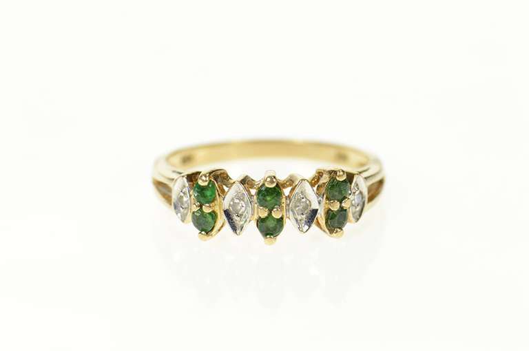 10K Yellow Gold Diamond Emerald Ornate Statement Band Ring