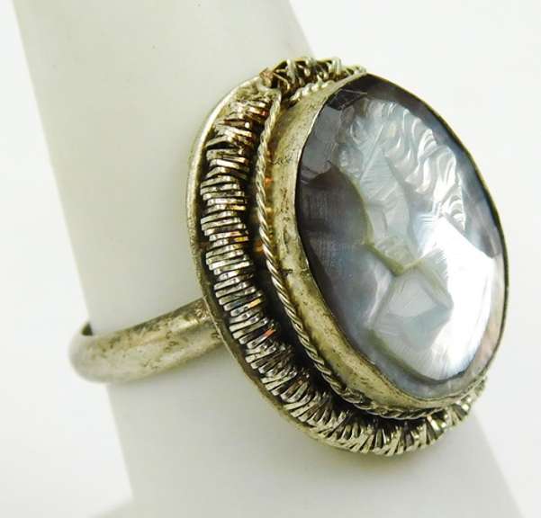 Early 800 Silver Sterling Shell Cameo Ring, 6.5