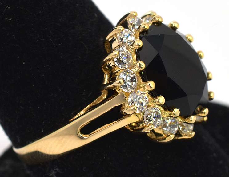 Striking Black Garnet and CZ Halo Ring in Yellow Gold