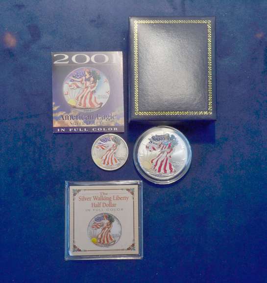 Lot Of 2 Colorized Coins 1 Silver Eagle 2001 & 1943 Walking Liberty Half