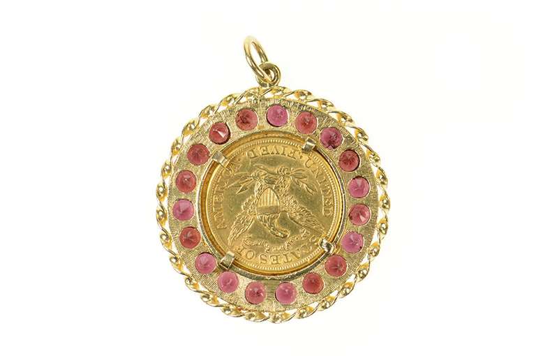 14K Yellow Gold 1907 Liberty Head $5 Garnet Halo Coin Charm/Pendant