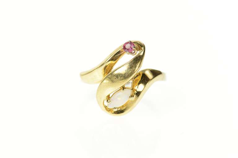 10K Yellow Gold Marquise Opal Ruby Accent Ribbon Bypass Ring