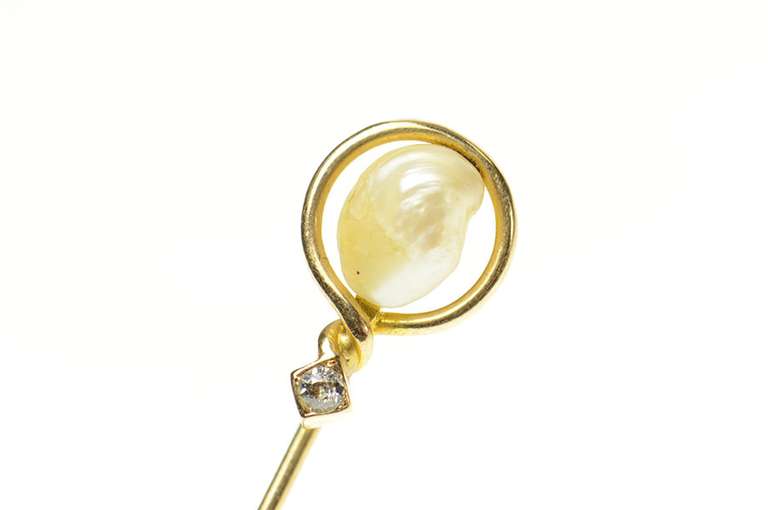 14K Yellow Gold Victorian Pearl Diamond Ornate Twist Stick Pin