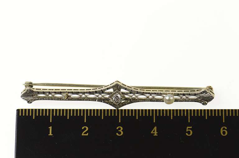 14K Yellow Gold Art Deco Ornate Filigree Diamond Pearl Bar Pin/Brooch