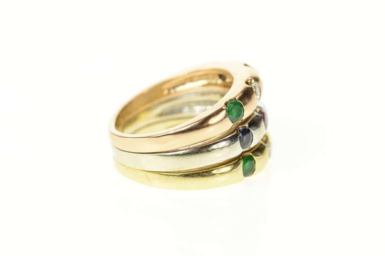 14K Yellow Gold Tiered Tri Tone Ruby Sapphire Emerald Diamond Ring