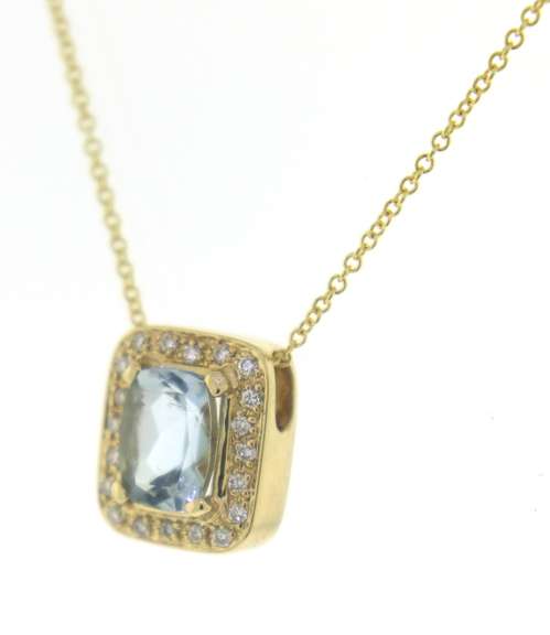 Sparkling 14kt YG Natural Aquamarine and Diamond Halo Pendant Necklace