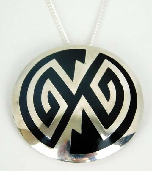 Big Mexican Sterling & Black Onyx Pin/Pendant with Chain