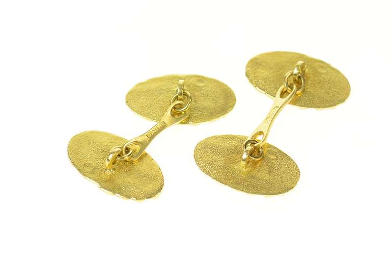 18K Yellow Gold Retro 1960's Textured Nugget Blue Enamel Cuff Links