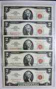 (5) Gem Crisp 1963 $2 Red Seal Notes-Consecutive Serial Numbers Nice Notes!