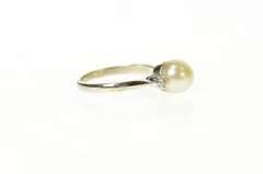 14K White Gold Three Stone Retro Classic Pearl CZ Accent Ring