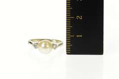 14K White Gold Three Stone Retro Classic Pearl CZ Accent Ring