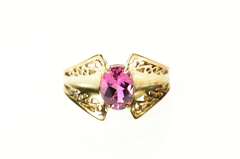 10K Yellow Gold Graduated Filigree Trim Oval Pink Tourmaline Ring