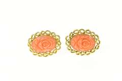 14K Yellow Gold Carved Coral Flower Rose Retro Ornate Cuff Links