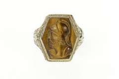 10K White Gold Art Deco Etched Tiger's Eye Soldier Cameo Ring