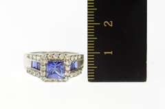 10K White Gold Princess Syn. Sapphire Diamond Halo Statement Ring