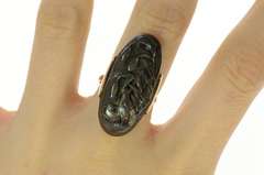 10K Yellow Gold Quail Cattail Scene Oval Domed Statement Ring
