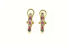 14K Yellow Gold Natural Ruby Diamond Oval French Clip Hoop Earrings